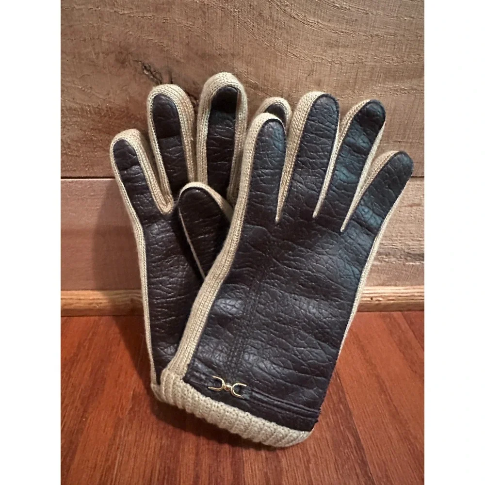 Vintage Brown Faux Leather Gloves S/M Tan Knit 1950s 1960s Chic Taiwan NOS New
